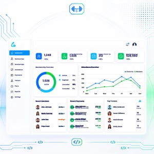May include: A digital gym management dashboard interface featuring a sidebar menu, top-level metrics for memberships and revenue, a membership overview donut chart, an attendance line graph, and lists for recent members, payments, and top trainers.