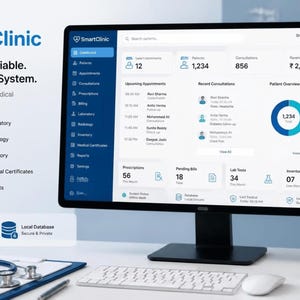 May include: A computer monitor displaying the SmartClinic management system dashboard with patient data, appointments, and revenue metrics. The screen shows a blue and white interface. A stethoscope and keyboard are on the desk in front of the monitor.
