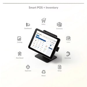 Pode incluir: Uma tela de sistema Smart POS + Inventory em um suporte preto, cercada por ícones rotulados como Dashboard, Entry, Inventory, Lineitem, Licensing, Setup, About, Expenses e Role Based. O texto diz SmarterInventory POS User Manual v1.0.0.
