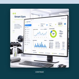 Peut inclure: Un écran d'ordinateur affichant le tableau de bord du logiciel Smart Gym avec des graphiques de données, un diagramme circulaire et des statistiques. Un clavier et une souris noirs sont devant, avec une gourde et des poids en arrière-plan.