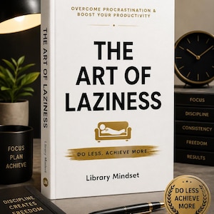 May include: A white hardcover book titled The Art of Laziness by Library Mindset, featuring a gold icon of a person on a sofa and the text Do Less. Achieve More. The book is surrounded by a black pen, a black notebook, and a gold circular medal.