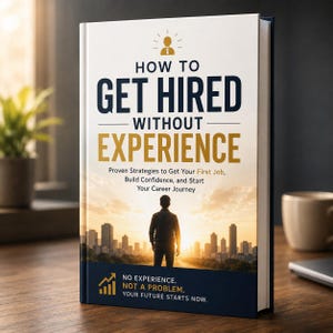 May include: A hardcover book titled How to Get Hired Without Experience. The cover features a silhouette of a person standing before a city skyline at sunset, with the subtitle Proven Strategies to Get Your First Job and the text No Experience. Not a Problem.