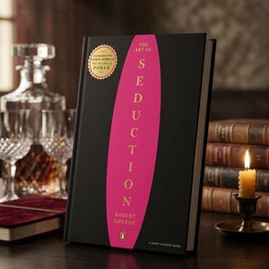 May include: A hardcover book titled The Art of Seduction by Robert Greene with a black cover and a vertical pink oval containing the title in gold lettering. A gold seal on the top left reads, From the author of the National Bestseller The 48 Laws of Power.