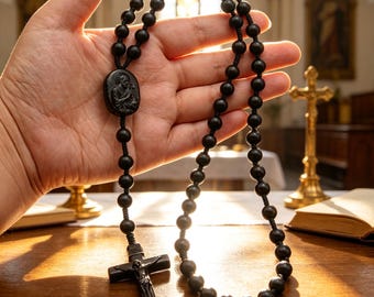 Hand-Knotted Ebony Wood Rosary, St Peter Paul Corded Prayer Beads Necklace