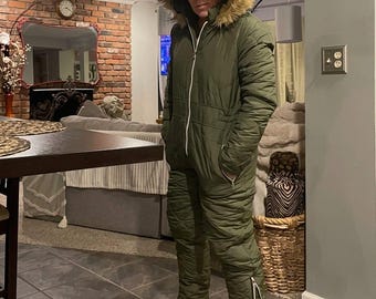 Shiny Nylon Puffer Snowsuit for Men Women Ski Suit One Piece
