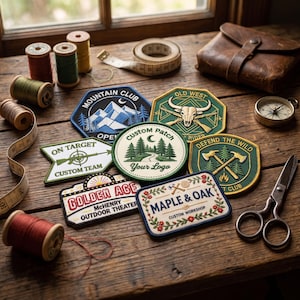 Könnte beinhalten: Eine Sammlung bestickter Aufnäher mit verschiedenen Motiven wie Mountain Club, Old West Rider, On Target, Custom Patch, Defend the Wild, Golden Age McHenry Outdoor Theater und Maple & Oak Custom Workshop, umgeben von Garnrollen, einem Maßband und einer Schere.