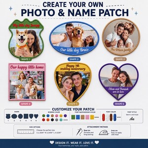 May include: Six custom photo and name patches in various shapes including shield, oval, circle, square, heart, and guitar pick. Each patch features a printed photograph and text. A customisation guide displays border colours, font options, and sizes.