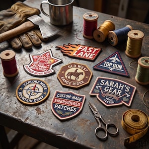 Può includere: Una collezione di toppe ricamate con vari disegni, tra cui una bussola, un cavaliere e testi come FAST LANE, TOP GUN e SARAH'S GEAR, disposti con articoli da cucito come rocchetti di filo, forbici e un nastro di misurazione.