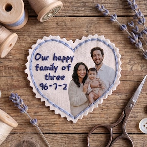 May include: A heart-shaped fabric patch with pinked edges, featuring a printed photograph of a family of three and blue embroidered text that reads Our happy family of three 96-7-2, surrounded by a blue stitched border on the fabric.