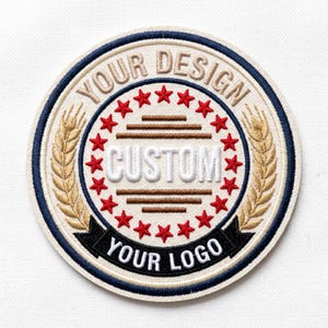 Könnte beinhalten: Ein runder gestickter Aufnäher mit cremefarbenem Hintergrund und dunkelblauem Rand. Er zeigt den Text "YOUR DESIGN" in Beige, "CUSTOM" in Weiß und "YOUR LOGO" in Weiß auf einem schwarzen Banner. Das Design enthält rote Sterne und goldene Weizenähren.