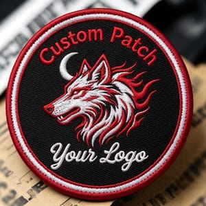 May include: A circular embroidered patch with a black background and a red border. It features a white and red wolf head graphic, a white crescent moon, and the white text "Custom Patch" at the top and "Your Logo" at the bottom in white.
