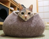 Cat bed, cat house, cat cave. Size XL. Natural felted sheep wool. Color sand brown. Made by kivikis.