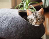 Cat bed, cat house, cat cave. Size XL. Natural felted sheep wool. Color dark grey. Made by kivikis.