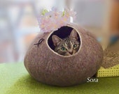 Cat bed, cat house, cat cave. Size XL. Natural sheep wool. Felted. Color sand brown. Made by kivikis.