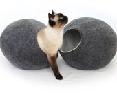 Cat bed, house, cave. Free shipping. From natural felted wool. Color dark grey. Size S. Made by kivikis.