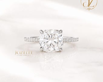 2.5 CT Cushion Cut Moissanite Bridal Ring with 14K Gold Hidden Halo Detail