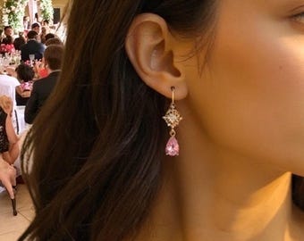 Light Pink Earrings Blush Gold Earrings Sea Blue Topaz Necklace Wedding Bridal Jewelry gift