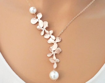 Orchid Flower Rose Gold Necklaces for Women Pearl Necklaces Unique Birthday Gift for Mom Bridesmaid Gift Custom Jewelry Statement Necklace