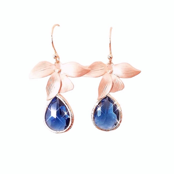 Rose Gold-Marine-Blau Ohrringe Saphir Blau Orchidee Ohrringe Blume Braut Ohrringe Blau Brautjungfer Ohrringe Muttertagsgeschenk Neue Mutter Geschenk