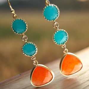 Orange, Turquoise Gemstone Earrings: Statement Necklace, Gold Bridal Jewelry