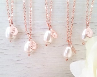 Pearl Necklace, White Pearl Necklace, Custom Jewelry, Personalized Rose Gold Initial Necklace, Wedding Necklace, Bridesmaid Gift