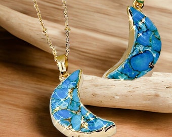 Turquoise Crescent Moon Necklace: Healing Crystal, Gold Plated