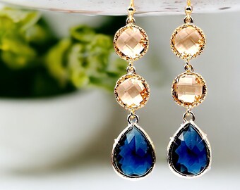 Saffier Oorbellen champagne Gouden Oorbellen Marineblauw Oorbellen Bruidsoorbellen Bruiloft Bruidsmeisje Oorbel Moeder Sieraden Moederdag cadeau voor moeder