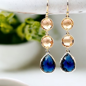 Sapphire Earrings champagne Gold Earrings Navy blue Earrings Bridal Earrings Wedding Bridesmaid Earring Mom Jewelry Mothers day gift for mom image 1