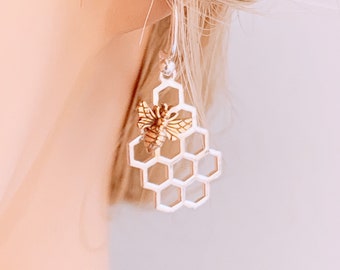 Bee earrings Honeycomb Earrings Bee earrings Bronze Bee with Sterling silver Honeycomb Earrings Statement earrings Geometric earrings