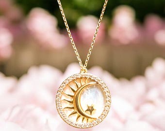 Mother of Pearl Sun and moon Necklace, Star Gold Celestial Jewelry