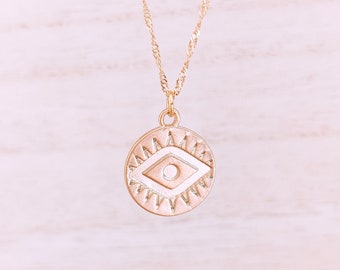 Mauvais œil collier, collier de disque, collier médaillon, collier oeil, collier pendentif en or vintage, superposition de colliers, bijoux géométriques