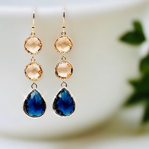 Sapphire Earrings champagne Gold Earrings Navy blue Earrings Bridal Earrings Wedding Bridesmaid Earring Mom Jewelry Mothers day gift for mom image 6