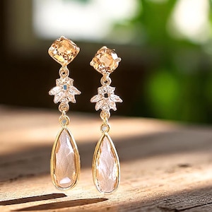 Champagne Earrings: Peach Drop, Light Brown Topaz Stud, Gold Plated Jewelry gift