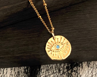 GOLD EYE necklace, Turquoise Necklace, Medallion necklace Gold Pendant Necklaces for Women Personalized gift for her Gold Layering Necklaces