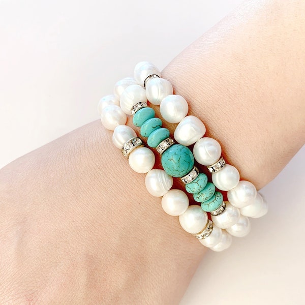 Freshwater Pearl Bracelet, Pearl Bracelet, Turquoise bracelet, turquoise charm Bracelet, Pearl & Turquoise Bracelet
