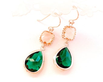 Emerald Earrings, Champagne Dangle earrings, Rose Gold earrings, Green Drop earrings, Wedding earrings, Bridesmaid Gift, Emerald earrings