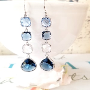 Navy Blue Sapphire Glass Dangle Earrings: Bridal Bridesmaid Jewelry Birthday gift