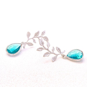 Blauer Zirkon Blatt Ohrringe: Sterling Silber Olivenzweig baumeln