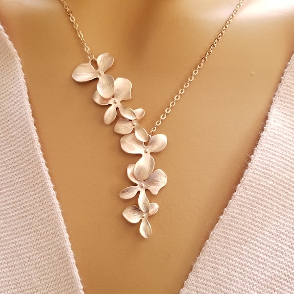 Rose Gold Orchid Flower Necklace: Plumeria Hawaiian Earrings Wedding Jewelry Bridesmaid gift