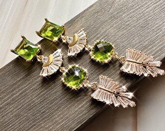 Peridot earrings, Bridal Earrings, Wedding Earrings, Boho Bridal Statement Earrings, Green Leaf Earrings, Fan Earrings, Art Deco earrings