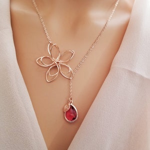 Garnet Flower Birthstone Necklace: Rose Gold Personalized Initial Jewelry