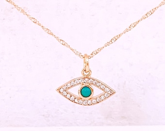 Collar de mal de ojo: colgante de latón dorado con turquesa