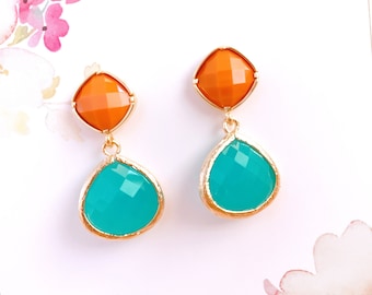 Turquoise Earrings, Orange Earrings,  Bridesmaid Jewelry Gift for Her Bridal jewelry Bridesmaid gift Maid of honor gift