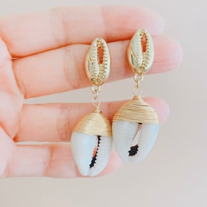 Shell Earrings Natural Cowrie Shell earrings Double Cowrie Shell With Wire Wrap Earrings Gold Electroplated Shell Drop Earring Gift for Her
