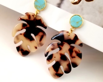 Autumn Leaf Statement Earrings / Turquoise Gold Earrings /Gold Jewelry / unique gift for Friends / Gold earrings Best Birthday Gift for Her