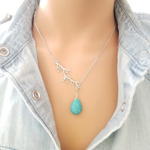 Turquoise Necklace: 14K Gold Jewelry turquoise Earrings, Leaf Bracelet, Family Tree necklaces Birthday gift image 2