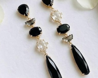 Black drop earring Onyx Long Statement Earrings:  Gold Dangle earring