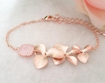 Rose Gold Orchidee Blume Armband Smaragd Schmuck Geschenke für Frauen Blush Rosa Ohrringe für Brautjungfer Geschenke für Hochzeit Schmuck