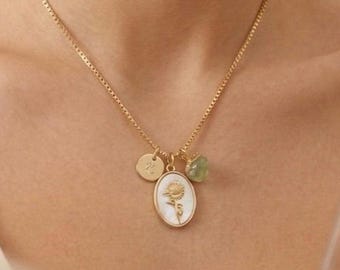 Birth Flower Necklace, Mother of Pearl Necklaces Birthstone jewelry gift for MOM