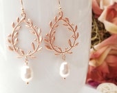 Rose Gold Pearl Earrings, Laurel wreath Dangle Earrings Pearl Wedding Bridal Earrings Bridesmaid Earrings Bridesmaid Gifts unique gift